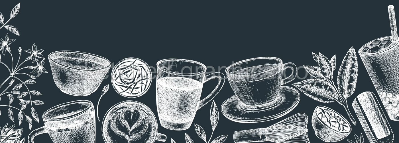 Hand-sketched tea drinks and ingredients banner on a chalkboard. Vector sketches of hot beverage cups, dried leaves, jasmine blossoms background. Popular tea design for cafe or restaurant menu.  Illustration